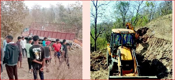 પૈખેડના જોખમી ઘાટમાં ગ્રામજનોઍ વનકર્મીઅોને દાદ ન આપી રસ્તાનું કામ હાથ ધયુ*